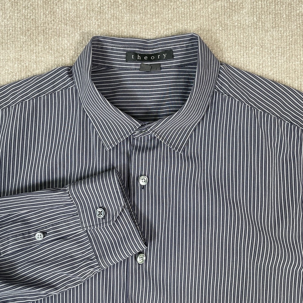 Theory Lyle Shirt Mens Large Black Gray Striped Button Up Long Sleeve
